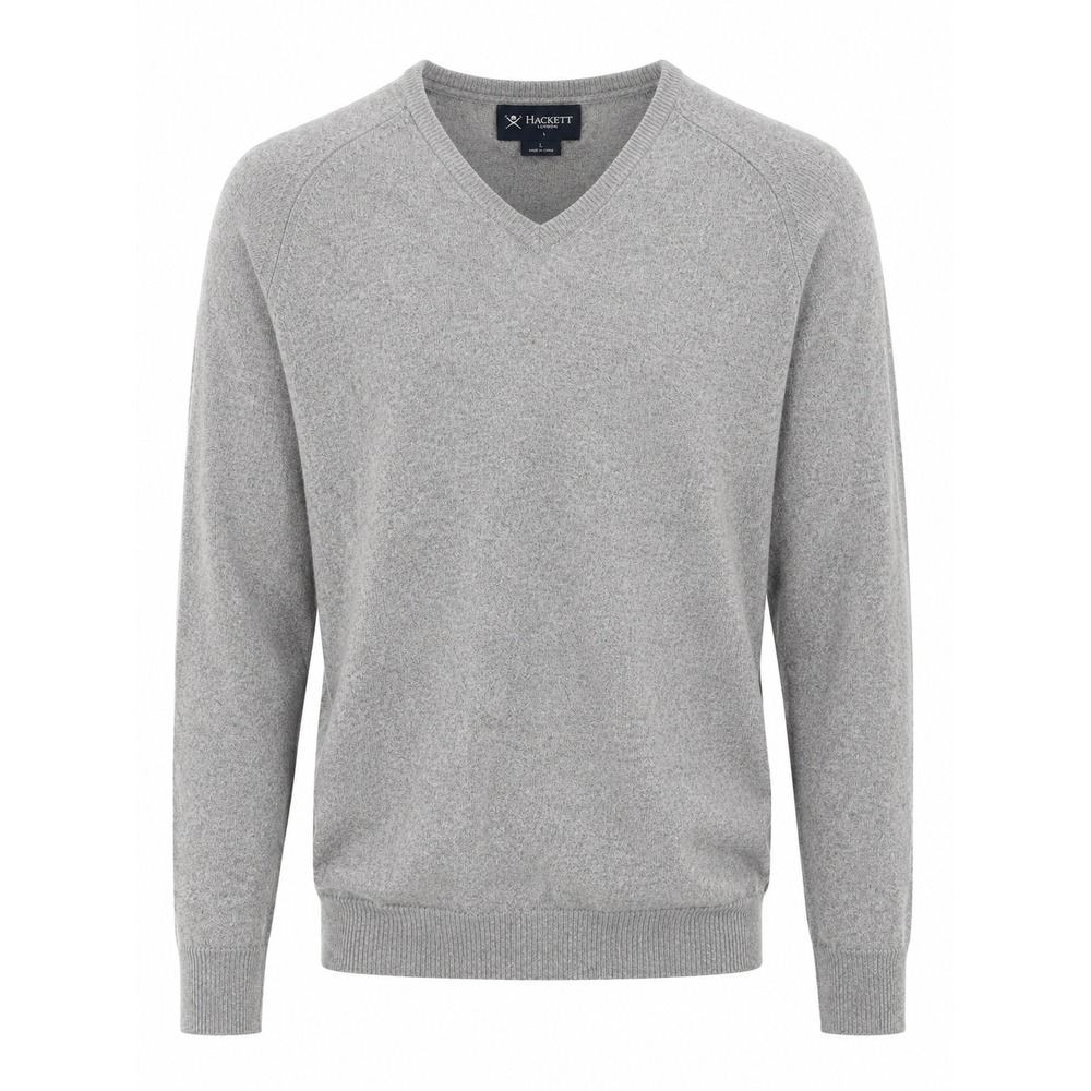 Hackett London Mens XXL V-Neck Sweater Grey Merino Wool Cashmere Elbow Patches